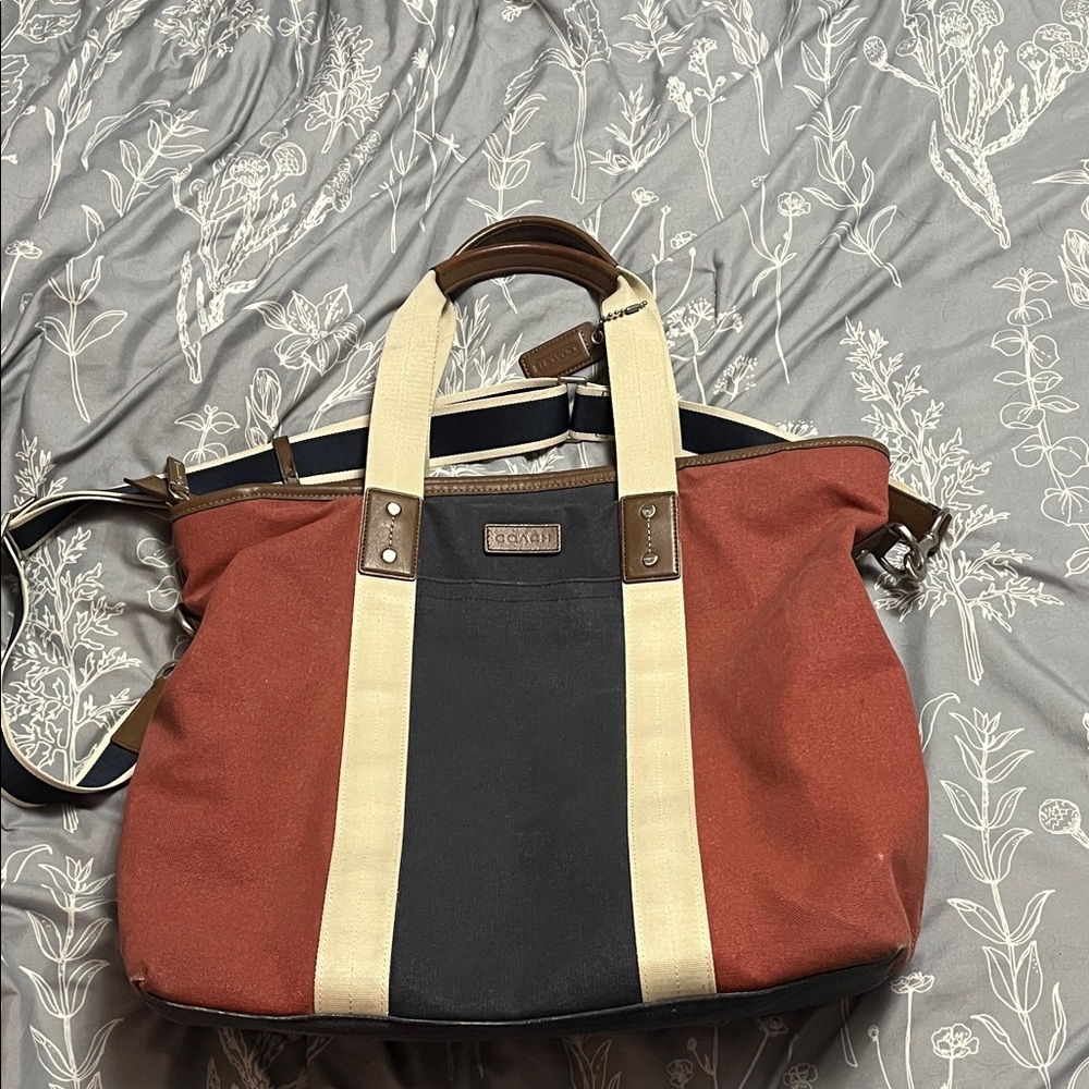 Coach Heritage Web Canvas Pieced Stripe tote bag in canvas with leather trim